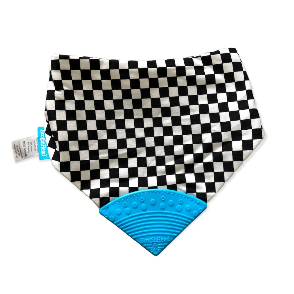 BooginHead Bandana Teether Bib • Black/White Check + Blue • Baby OS NWOT